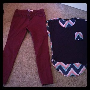 Maroon skinny jeans 20$       Blue T- shirt top 5$